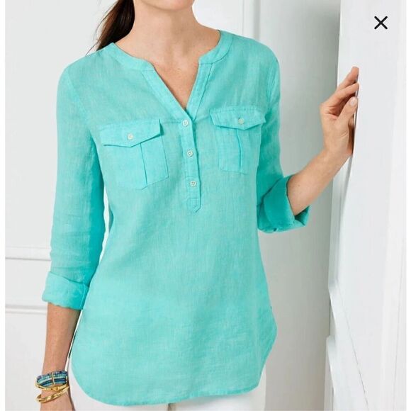 Talbots Tunic Top Blouse Womens Medium Aqua Linen Coastal Grandma Minimalist - Picture 1 of 11
